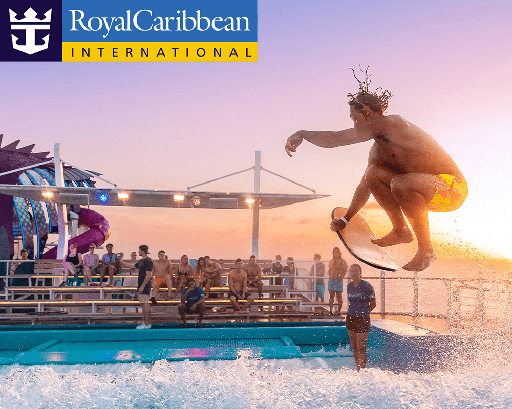 Royal Caribbean international logo and male surfer in ship pool